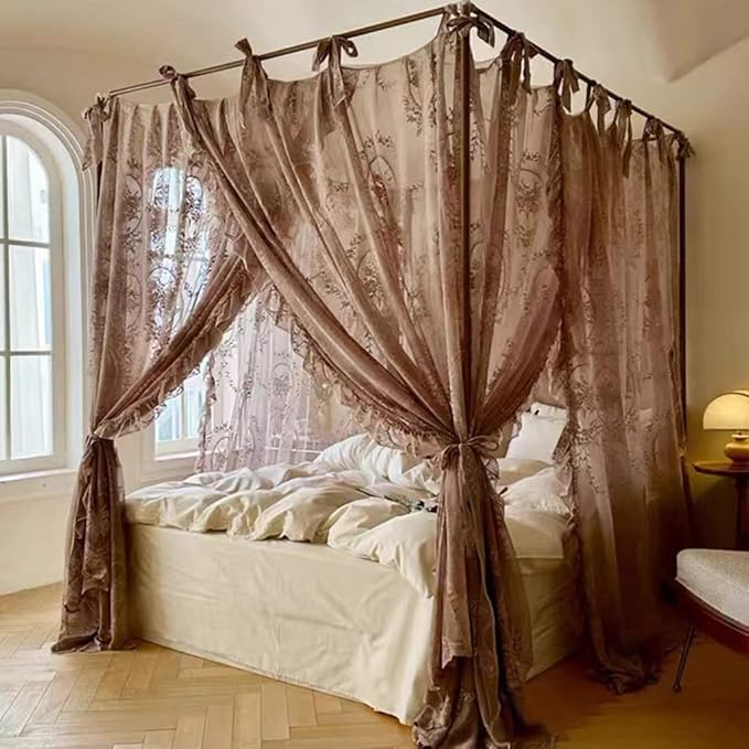 Elegant Lace Princess 4 Corner Post Mosquito Net Romantic for Girls Women Bed Curtain Canopy for Adult Wedding Bedroom Kids Rooms Decoration (Coffee, Queen)