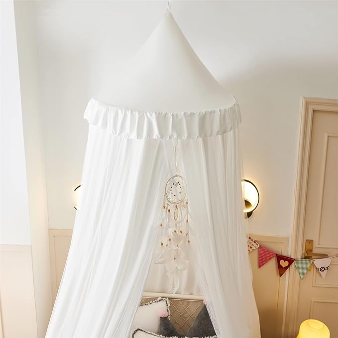 VETHIN Bed Canopy for Kids with Lights,Double Layer Princess Round Dome Children Dreamy Mosquito Net Bedding Girls Room Castle Play Tent Hanging House Decor Reading Nook Canopies(White/White)