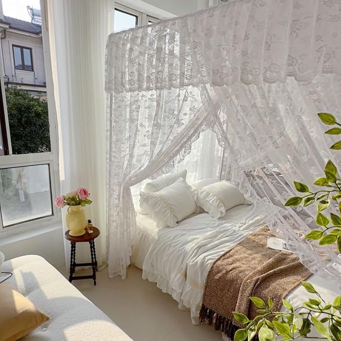 Elegant Princess 4 Corner Post Mosquito Net Romantic for Girls Women Bed Curtain Canopy for Adult Wedding Bedroom Kids Rooms Decoration (Type2-Beige-White, Full)