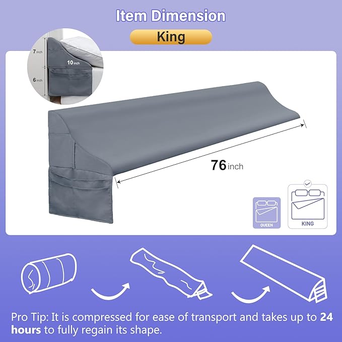 Vekkia King Size Bed Wedge Pillow for Headboard/Bed Wedge Gap Filler/Mattress Gap Filler/Wedge Pillow Headboard to Close The Gap (0-6") Between Your Headboard and Mattress, (Grey 76"x10"x7")