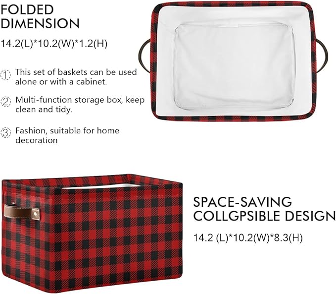 Christmas Red Buffalo Plaid Storage Basket Fabric Laundry Baskets Winter Holiday Decorations Storage Boxes Organizer Bag for Baby Cloth Dog Toy Book Storage Cubes Shelf Closet Bins 16×12×8 Inches