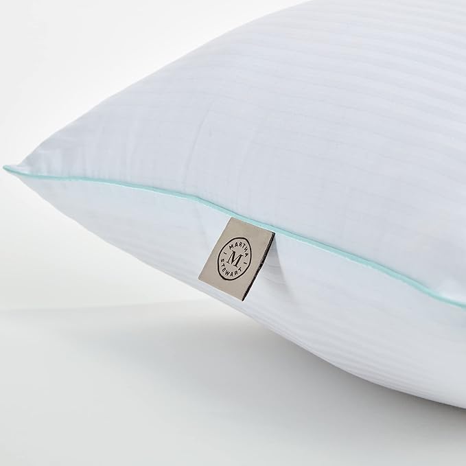 MARTHA STEWART Down Alternative Pillows Queen Size Set Of 2, Plush Cooling Pillow for Back, Stomach or Side Sleepers, Memory Foam-Like Fiber Fill, Dobby Stripe, 20" x 28", White