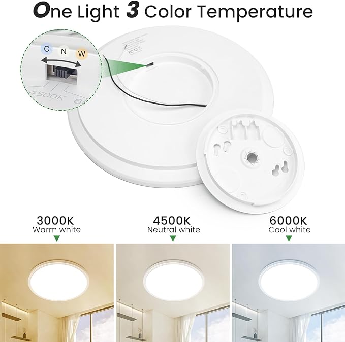 hepside 12Inch Flush Mount Light Fixture White, 28Watt, Dimmable & 3000K-4500K-6000K 3 Color Selectable Flush Ceiling Light Fixture 3200LM Low Profile Ceiling Light for Kitchen Bedroom Hallway Porch