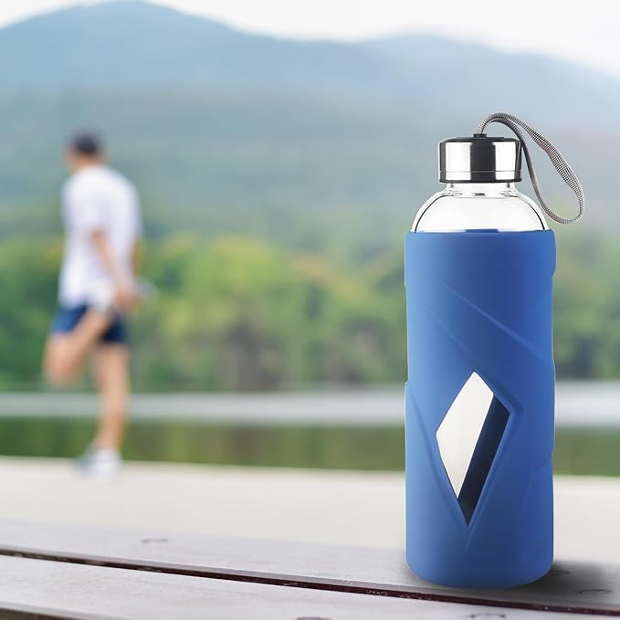32 oz Borosilicate Glass Water Bottle BPA Free Reusable Glass Drinking Bottle with Silicone Sleeve and Stainless steel Lid