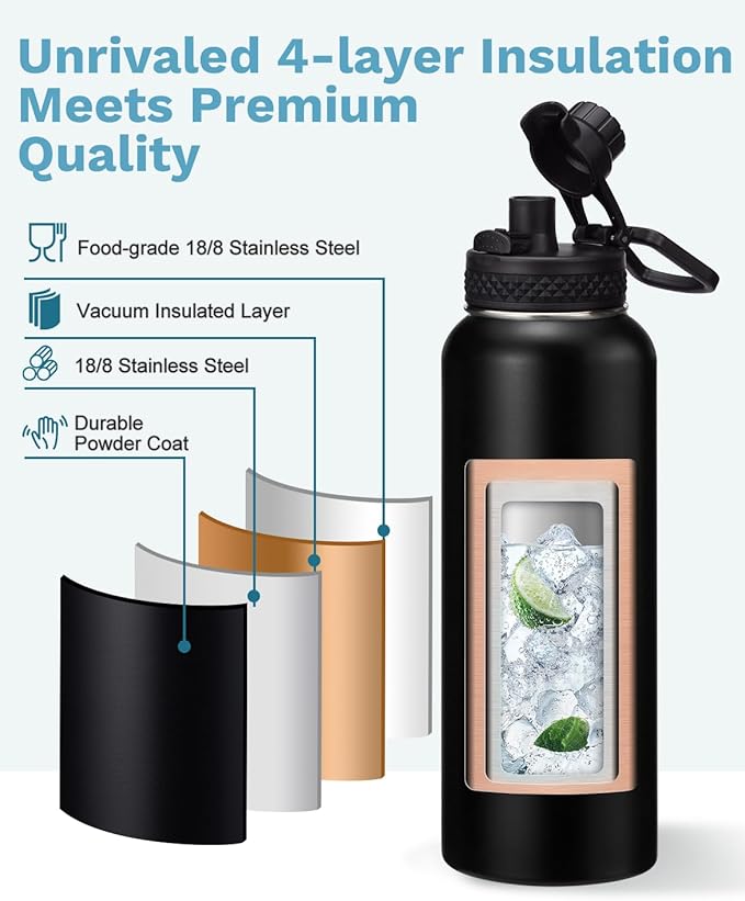 40 oz Insulated Water Bottle - w/Straw Spout Lids, Paracord Handle, Silicone Boot, Metal Flask Water Bottle Carrier with Strap, Leak Proof Stainless Steel Thermal Flask Keep Cold 48h & Hot 24h