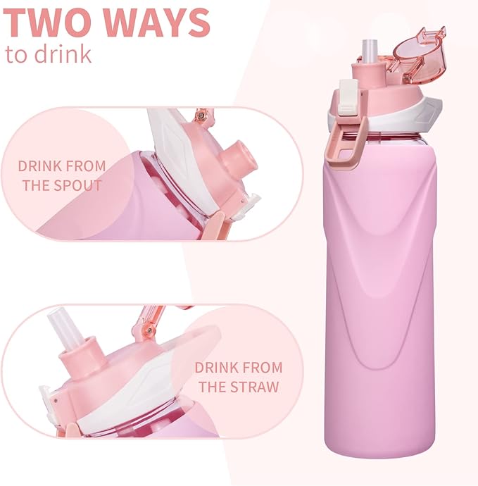 32 oz Sports Glass Water Bottle with Straw & Silicone Sleeve Reusable BPA-free Borosilicate Glass Drinking Bottle with Flip Top Lid & Handle Wide Mouth (Pastel Pink)