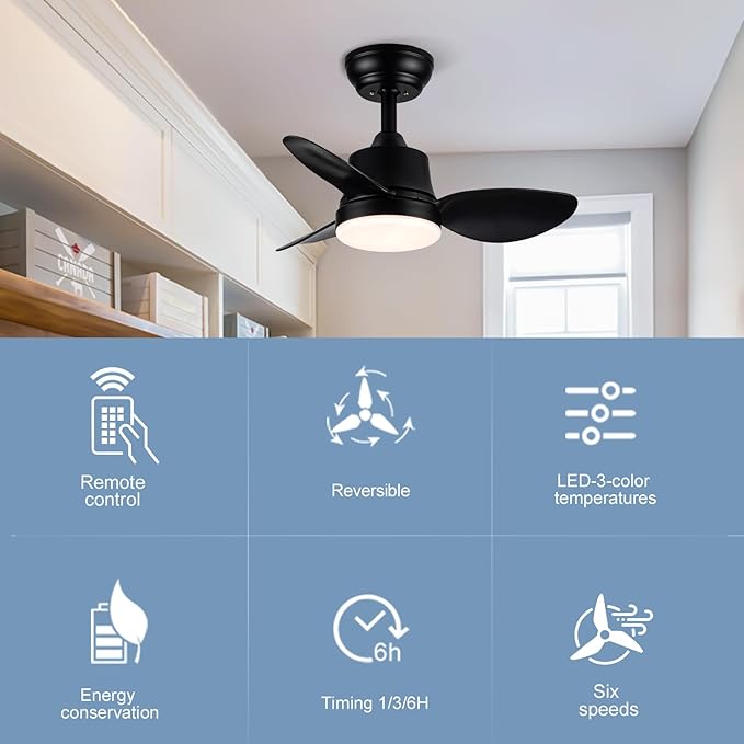 Black small Ceiling Fan with Light 24-Inch, Remote Control, 3-Color Dimmable, Reversible, 6-Speed - Ideal for Kitchen, Bedroom, Balcony, Study - Easy Installation