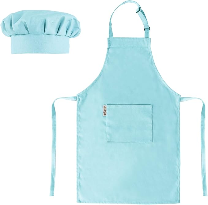 Kids Apron and Chef Hat Set-Adjustable Child Apron for Boys and Girls for Cooking Baking Light Blue