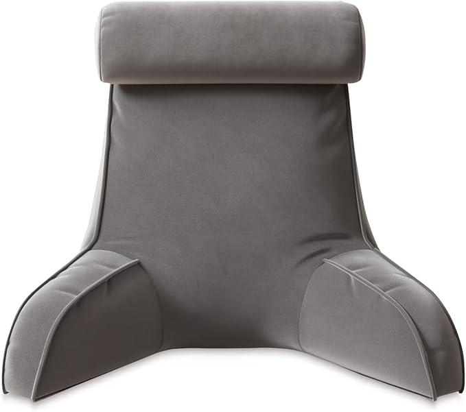 Reading Pillow for Bed Adult Size, Back Pillow for Sitting in Bed, Shredded Memory Foam Bed Chair Pillow with Arms, Pockets, Washable Cover (Dark Grey, Large)