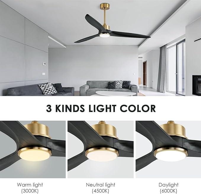 WINGBO Ceiling Fan, 60 Inch DC, 3 Wood Blades, Brass Finish, Remote Control, Reversible, LED Light, ETL Listed