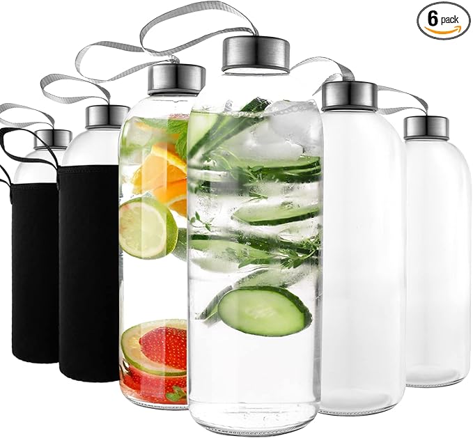 32 oz Glass Water Bottle Set of 6 - Glass Water Bottles Caps & Sleeve, Reusable Glass Bottle Lids, Clear Glass Bottles, Refillable Glass Juice Bottles for Juicing, Juicer Bottles