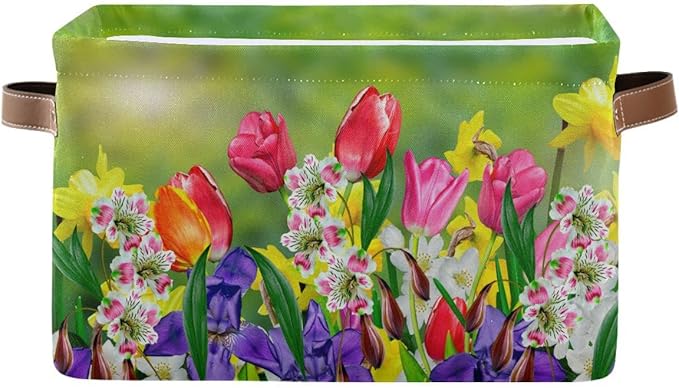 Wamika Spring Tulip Lavender Flowers Storage Basket Fabric Laundry Baskets Green Leaves Herbs Storage Boxes Organizer Bag for Baby Cloth Dog Toy Book Storage Cubes Shelf Closet Bins 16x12x8 Inches