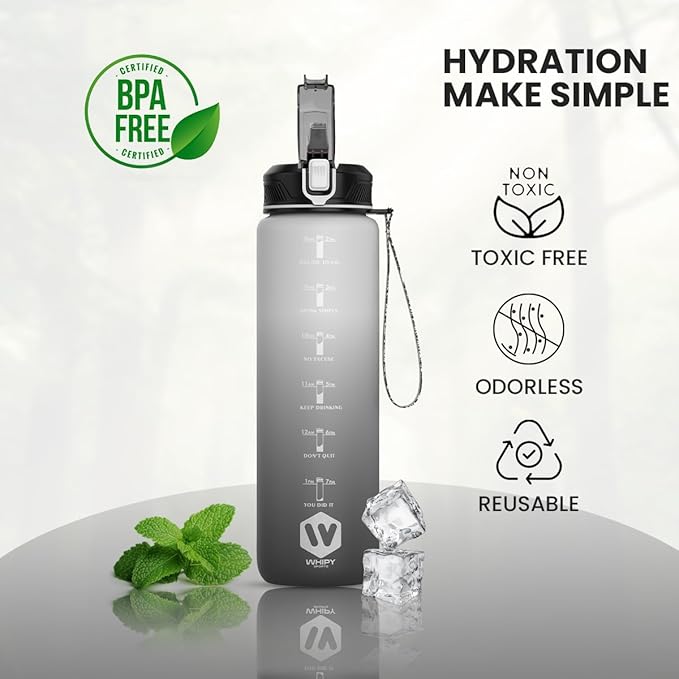 1L Water Bottle with Straw - Leak-Proof & BPA Free Reusable Sports Bottle - Motivational Time Markings for Hydration Durable Drink Bottle for Gym, Sports, Outdoor (White and Black)
