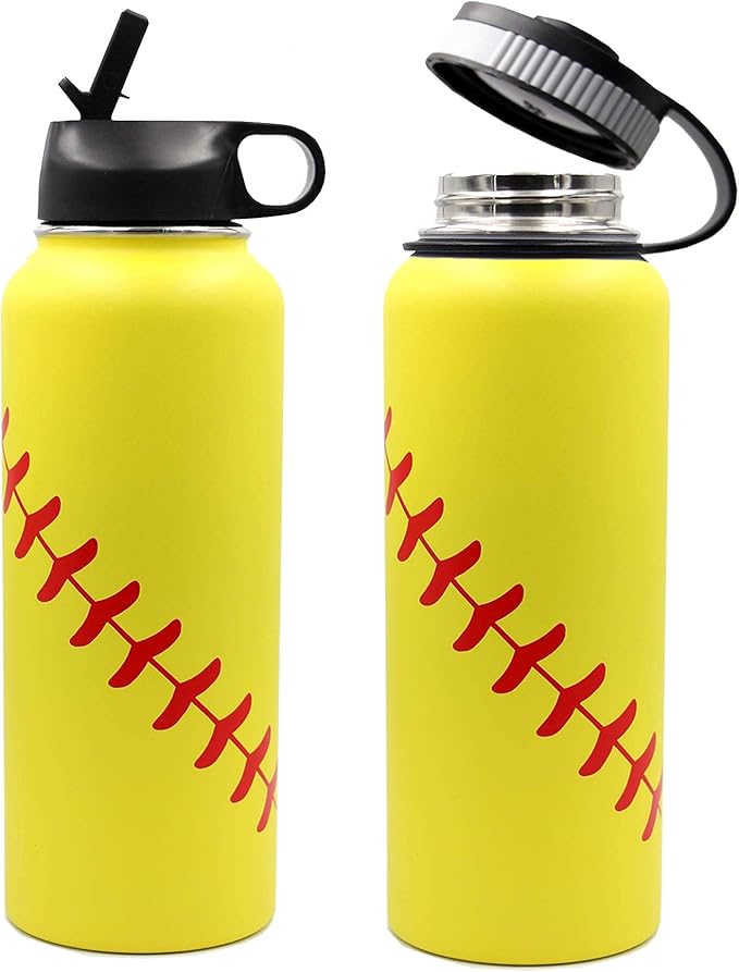 40 oz Softball Water Bottle, Sports Flask Metal Travel Tumbler with 2 Lids 18/8 Stainless Steel Double Wall Vacuum Insulated Hot/Cold (40oz, Yellow Softball)