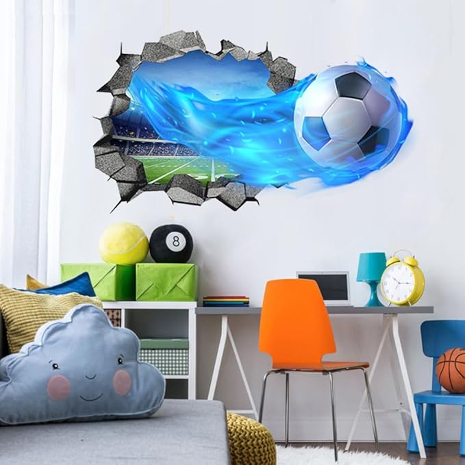 3D Soccer Wall Stickers Removable Soccer Wall Decals for Boys Break Through The Wall Vinyl Football Soccer Wall Stickers Murals Vinyls Decals for Teenager Room Playroom Decor (T0168)