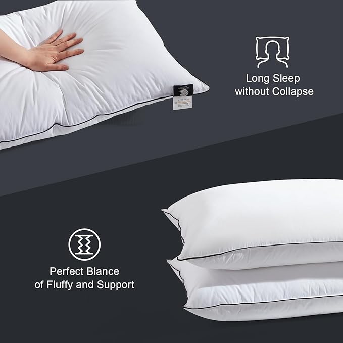 Hotel Feather Pillows Standard Size, Hybrid Goose Down Pillow Composite with Mef tek™ Memory Foam, Firm Bed Pillows with Organic Cotton Cover (White,20"x26")