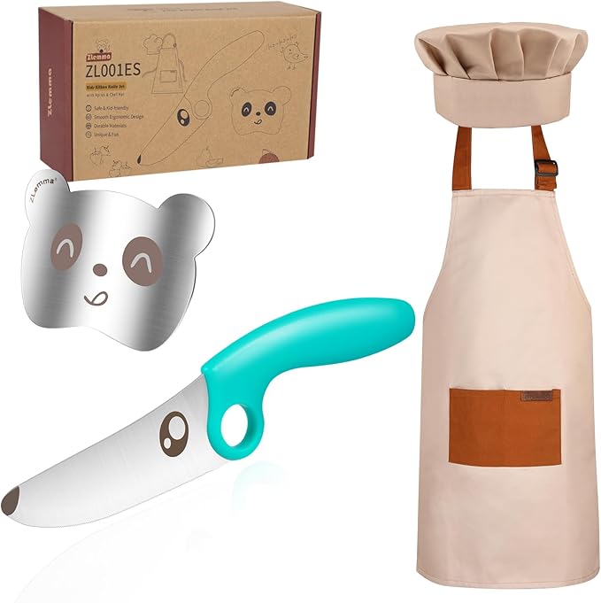 Kids Knife Set for Real Cooking with Educational Ring & Adjustable Apron & Chef Hat- Children Training Knife with Educational Ring-Blue