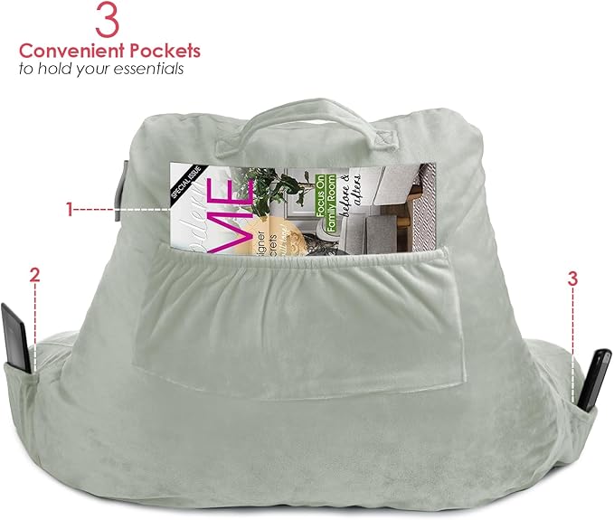 Nestl Reading Pillow Standard Bed Pillow, Back Pillow for Sitting in Bed Shredded Memory Foam Chair Pillow Reading & Bed Rest Pillows Sage Green Back Pillow for Bed, Bed Chair Arm Pillow with Pockets
