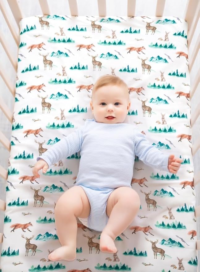4 Pack Woodland Forest Animals Wood Neutral Unisex Fitted Baby Crib Sheets Set for Baby Boys or Girls Forest