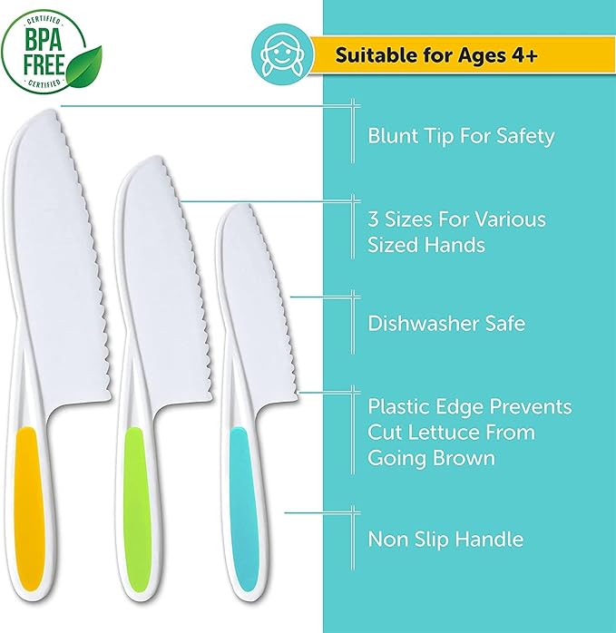 Toddler Knife Set of 3 - Firm Grip, Serrated Edges & Safe – Colorful Nylon Toddler Cooking Knives to Cut Fruits, Salad, Cake, Lettuce (Multi)