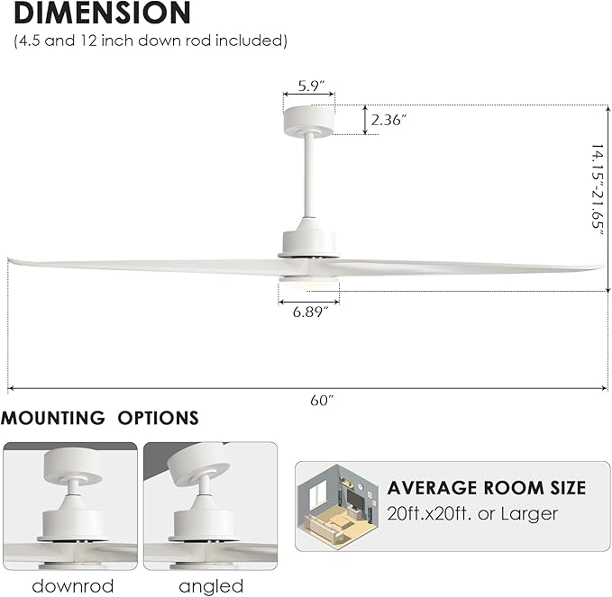 WINGBO 60 Inch DC Ceiling Fan with Lights and Remote Control, 3 Reversible Carved Wood Blades, 6-Speed Noiseless DC Motor, Modern Ceiling Fan in White Finish