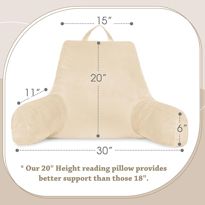 LOVTEX Reading Pillow with Removable Cover, Back Pillow for Sitting Up in Bed with Arms and Pockets, Bed Rest Pillow Adult, 20 x 15 Inches(Beige)