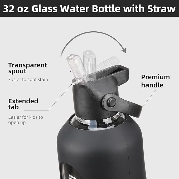 32 oz Glass Water Bottles with Straw Borosilicate Glass Water Bottle with Time Marker Motivational Water Bottles with Silicone Sleeve Leak Proof Reusable BPA Free