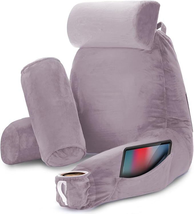 Nestl Reading Pillow Large Bed Pillow, Back Pillow for Sitting in Bed Shredded Memory Foam Chair Pillow, Reading & Bed Rest Pillows Dusty Purple Back Pillow for Bed, Bed Chair Arm Pillow with Pockets