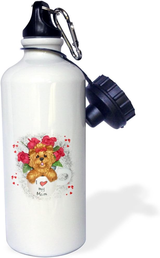 3dRose Cute Red Roses I love My Mom Yorkie Yorkshire Terrier Dog Art-Sports Water Bottle, 21oz , Multicolored