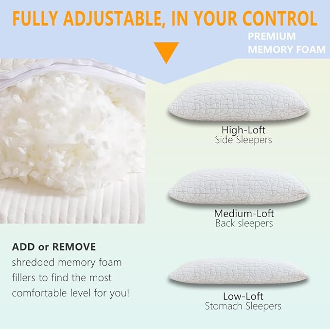Shredded Memory Foam Pillow, King (1-Pack), Adjustable Bed Pillow for Side Back Stomach Sleepers,Comfy Cooling Pillow for Sleeping with Washable Cover…