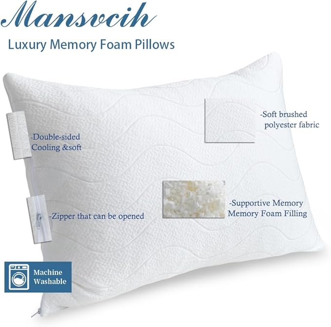 Memory Foam Pillows for Sleeping,Pillows Queen Size Set of 2 Adjustable Loft Bed Firm or Soft Pillows for Side, Back, Stomach, Hot Sleepers