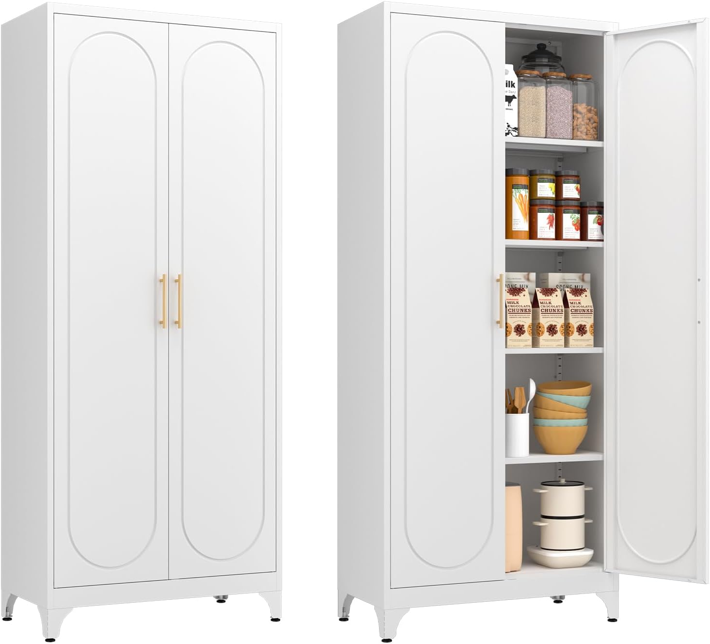 Metal Storage Cabinet with Doors and Shelves, 75 Inch Tall Kitchen Pantry Cabinet, Pantry Cabinets for Kitchen Storage, Freestanding Cupboard for Living, Dining Room, White, Assembly Required