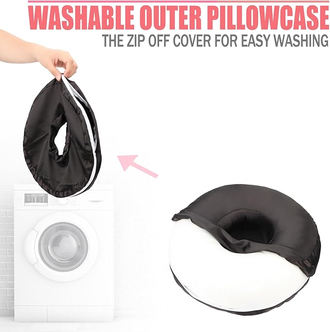 Satin Ear Piercing Pillow Removable Cover Luxury Cnh Pillow with Ear Holes for Ear Pain Side Sleepers Washable Large Donut Pillows Head Neck Support Black