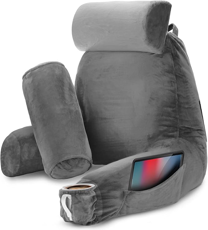 Nestl Reading Pillow Large Bed Pillow, Back Pillow for Sitting in Bed Shredded Memory Foam Chair Pillow, Reading & Bed Rest Pillows Grey Back Pillow for Bed, Bed Chair Arm Pillow with Pockets