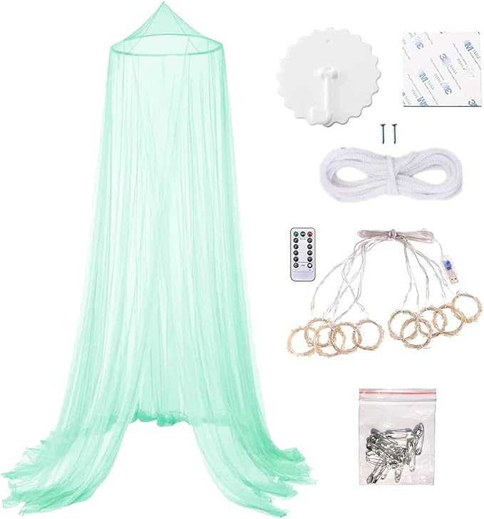 Eimilaly Bed Canopy Mosquito Net with 250pcs Warm White Curtain Lights, Bed Canopy for Girls Room Decor or Theme Party, Green/Warm White Lights