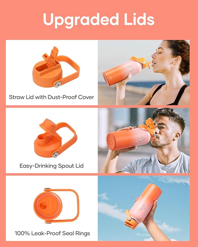 40oz Insulated Water Bottle, BUZIO Stainless Steel Water Flask with Straw Lid and Carrying Pouch, Keep Cold 48h Leak Proof Lead-Free Double Wall Vacuum Thermo Tumbler Sport Metal Canteen, Orange