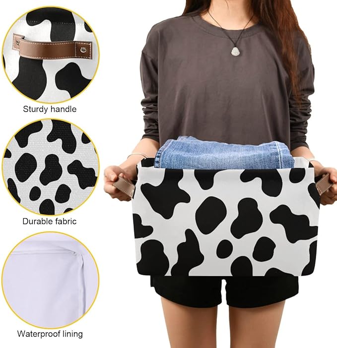 Cow Spots Storage Basket Fabric Storage Bin Laundry Baskets Farm House Country Style Foldable Storage Boxes Organizer Bag for Baby Cloth Dog Toy Book Storage Cubes Shelf Closet Basket 16×12×8 Inches