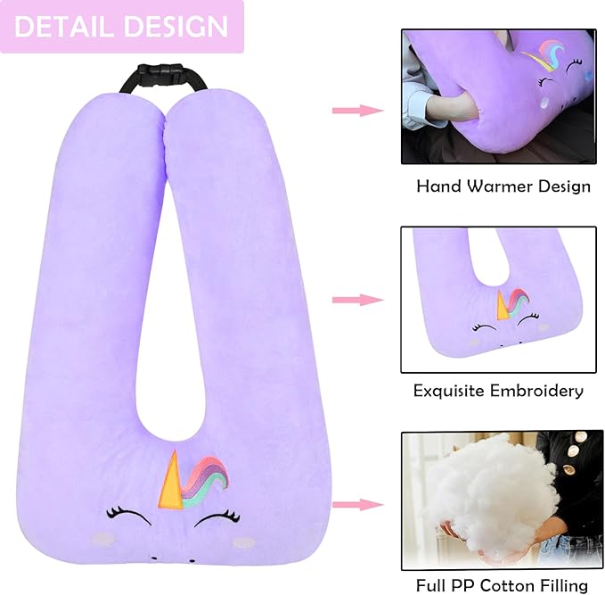 Kids Travel Pillow for Car Seat with Hand Muff, Cartoon Neck & Headrest Seat Belt Pillow for Car Road Trips Long-Distance Travel Sleeping Pillow for Adults and Children, Purple Unicorn