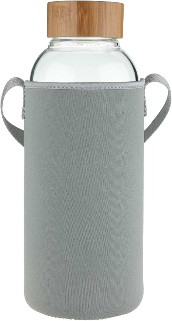 48 oz Sports Borosilicate Glass Water Bottle with Bamboo Lid with Neoprene Sleeve