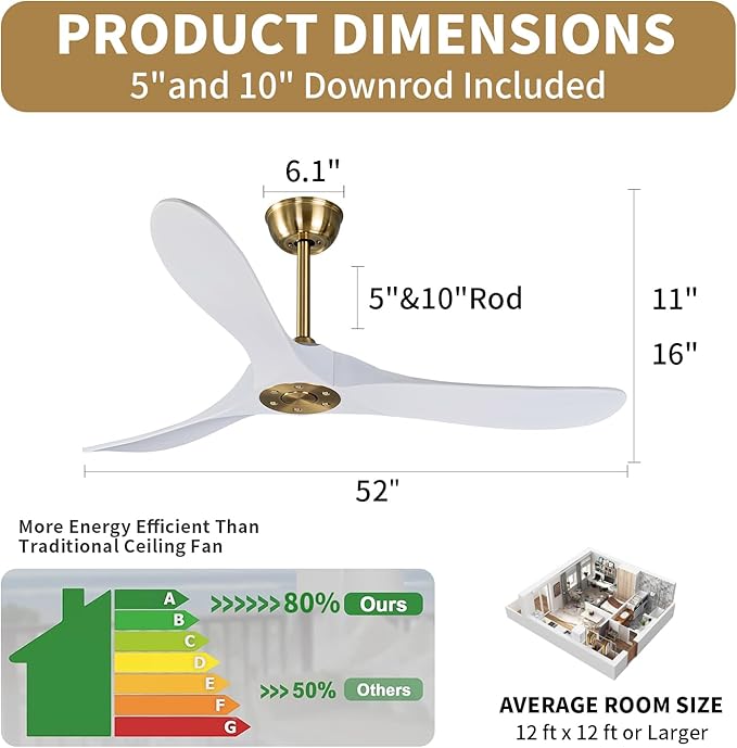 Bigzone 52" Outdoor/Indoor Ceiling Fan With Remote Control, DC Motor Quiet Energy Saving,3 White Balsa Wood Blades,Wooden Ceiling Fan no light With Reversible Blades