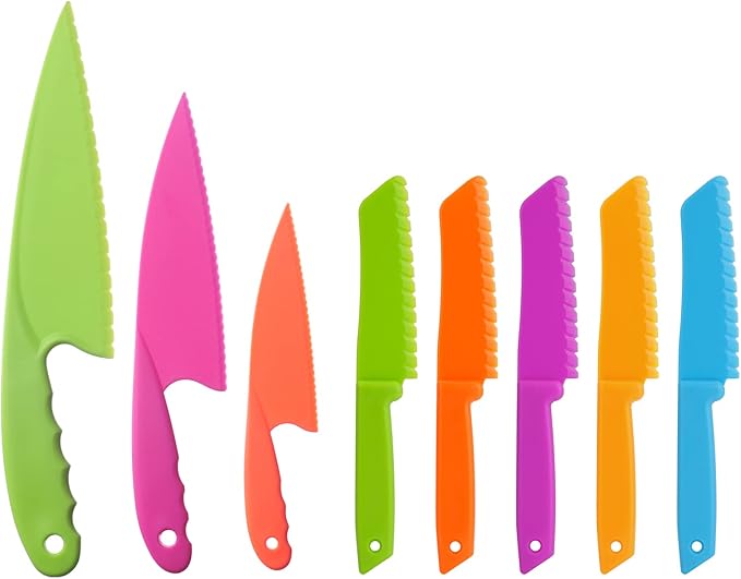 MOTYAWN 8 Pieces Kids Plastic Nylon Cooking Knife Set, Safe Knives for Bread Without BPA,Children's Safe Cooking Chef Nylon Knives for Cooking and Cutting Fruits, Veggies & Cake