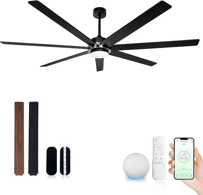 72" Black Smart Ceiling Fan with Light and Remote via WiFi Alexa APP Control,6 Speed Quiet DC Motor,Dimmable LED Light,7 Wood Blades Indoor Outdoor Ceiling Fans for Patios or Bedroom