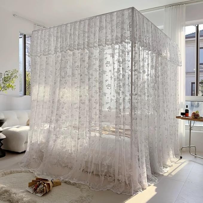 Elegant Princess 4 Corner Post Mosquito Net Romantic for Girls Women Bed Curtain Canopy for Adult Wedding Bedroom Kids Rooms Decoration (Type2-Beige-White, Full)
