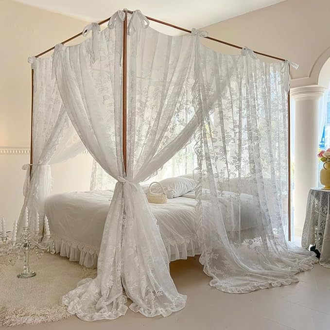 Elegant Lace Princess 4 Corner Post Mosquito Net Romantic for Girls Women Bed Curtain Canopy for Adult Wedding Bedroom Kids Rooms Decoration (Type3-Beige-White, King)