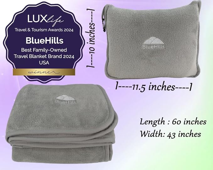 BlueHills Premium Soft Travel Blanket Pillow Airplane Flight Blanket Throw in Soft Bag Pillow case with Luggage Belt & Backpack Clip Compact Pack Large Blanket - Light Gray T024
