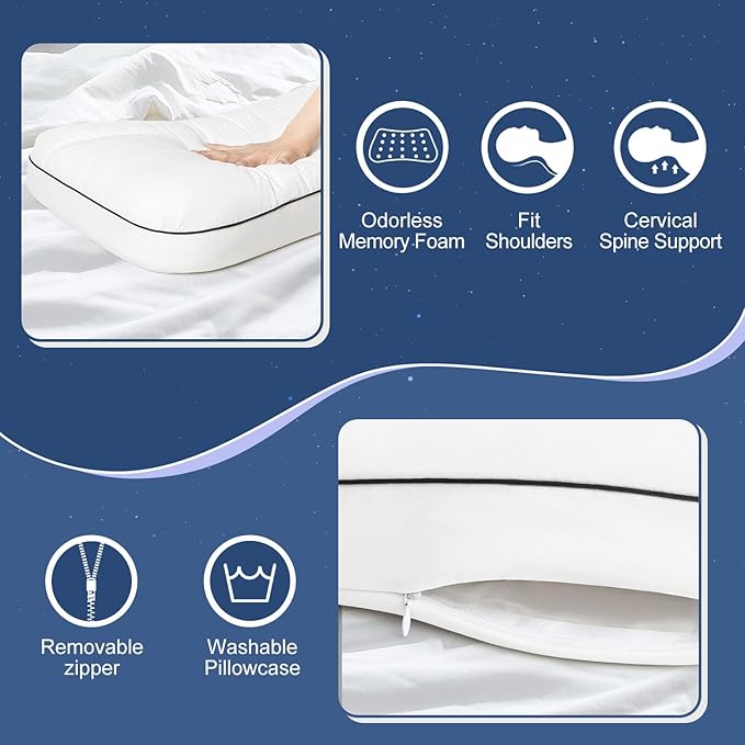 Cervical Neck Pillow for Sleeping, Ergonomic Pillow for Neck Pain Relief, Memory Foam Pillows for Bed, White Side Sleeper Pillows for Adults, 24" x 17"
