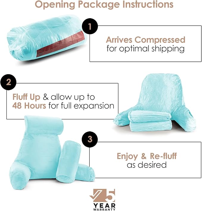 Nestl Reading Pillow Large Bed Pillow, Back Pillow for Sitting in Bed Shredded Memory Foam Chair Pillow, Reading & Bed Rest Pillows Light Blue Back Pillow for Bed, Bed Chair Arm Pillow with Pockets
