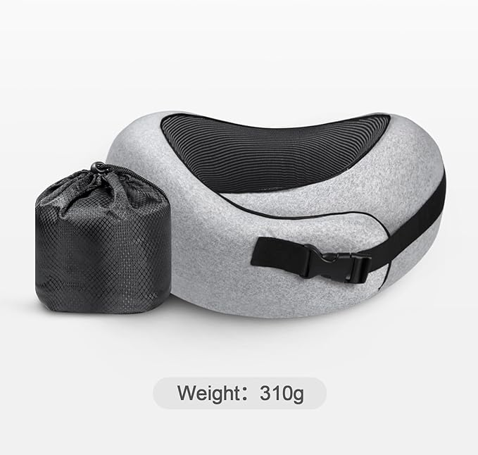 PORTHOLIC 2024 Upgraded Neck Pillow with Buckle for Travel, 100% Pure Memory Foam Travel Neck Pillow for Airplane Travel Flight Headrest Sleep, Portable Plane Accessories (Light Grey)