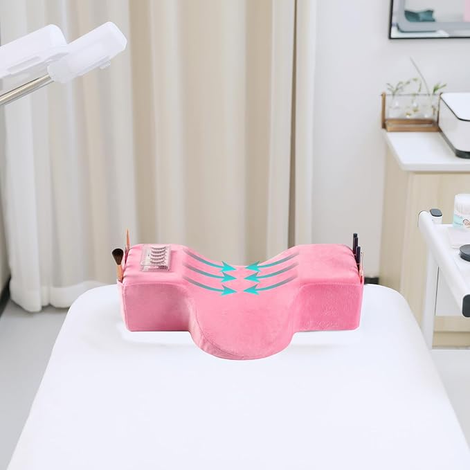 Salon Eyelash Extension Neck Pillow Memory Foam Lash Pillow with Neck and Back Support,Ergonomic lash Bed Pillow with Velvet Pillowcase Beauty Lash Pillow for Lash Extensions(Pink)
