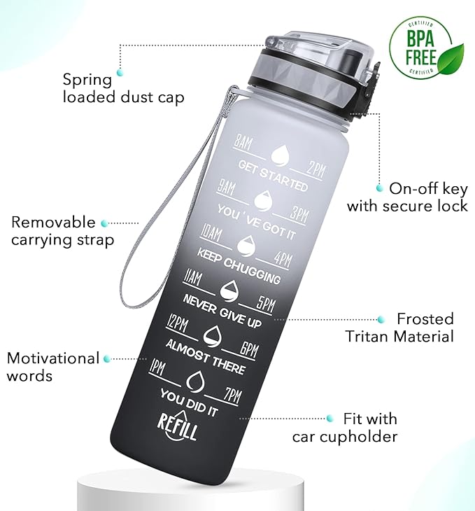 32oz/26oz Motivational Water Bottle with Time Marker & Fruit Strainer, Leak-proof BPA Free Non-Toxic 1l Bottle with Carrying Strap, Perfect for Fitness, Gym and Outdoor Sports, Plastic